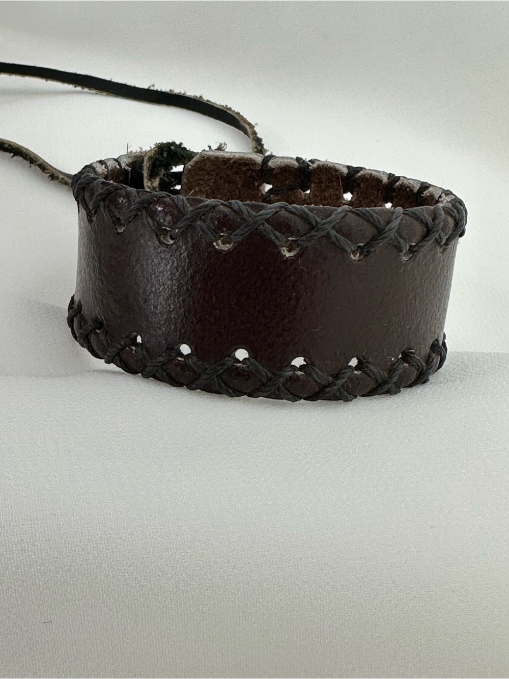 Handmade Wide Leather Cuff Bracelet 1" Guatemala Stitched Tie